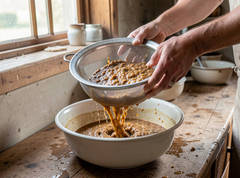 A keeper draining fermented feed mash through a strainer before serving it to the flock