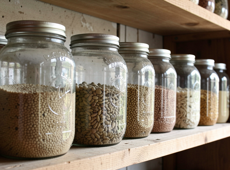 A row of wide-mouth jars fermenting chicken feed at different stages on a shelf
