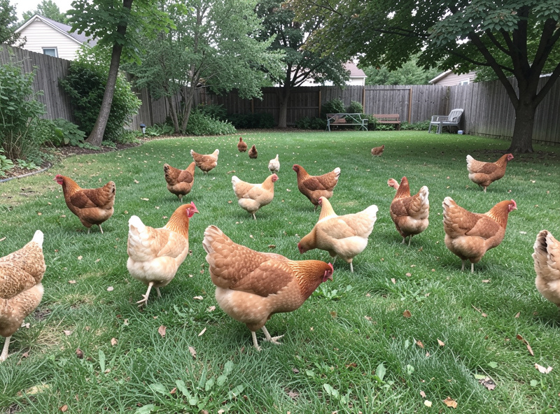 A flock of hens free-ranging across a grassy backyard, foraging for insects and greens