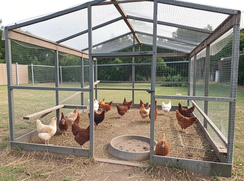 A large enriched and covered chicken run with perches and dust bath providing safe confinement