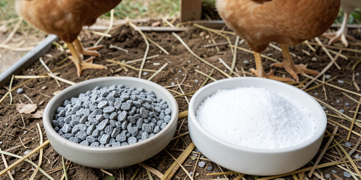 Separate dishes of insoluble grit and crushed oyster shell offered to backyard chickens