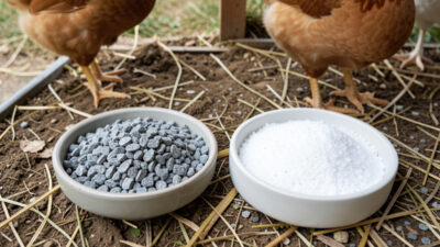 Separate dishes of insoluble grit and crushed oyster shell offered to backyard chickens