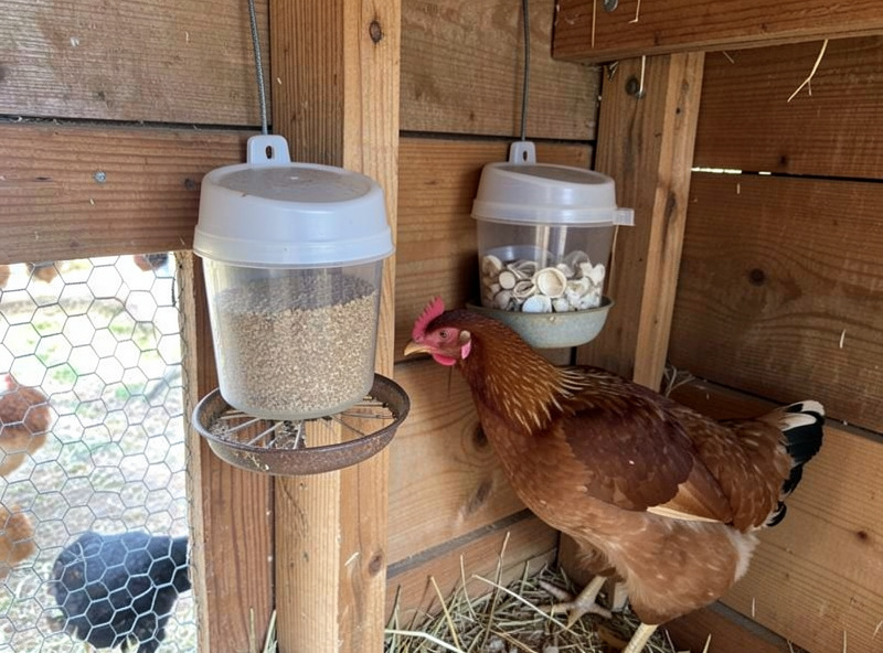 Wall-mounted cup feeders holding grit and oyster shell separately inside a coop