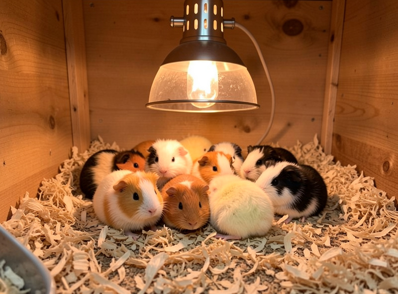 Guinea keets under a brooder lamp in a dry pen