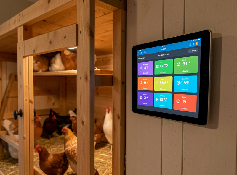 Home Assistant dashboard on a tablet mounted near a chicken coop showing door state, temperature, and camera feed