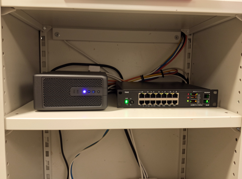 Small Home Assistant server box and network switch in a utility room running coop automations locally