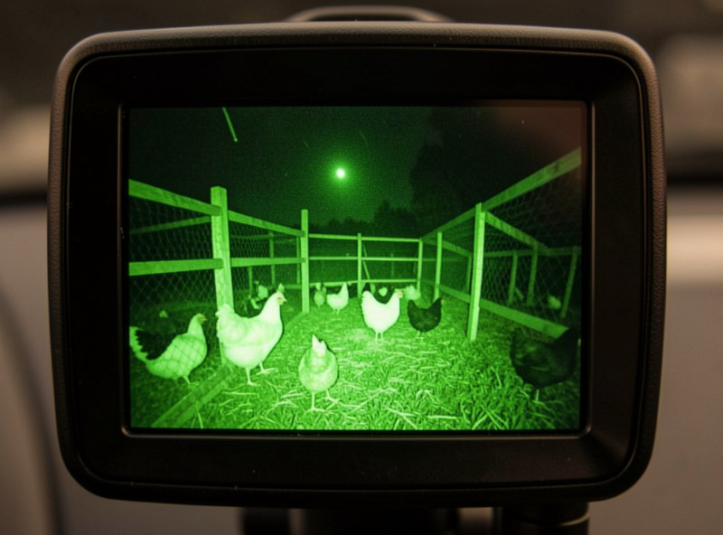 Close-up of a coop dashboard camera tile showing a night-vision view of a chicken run