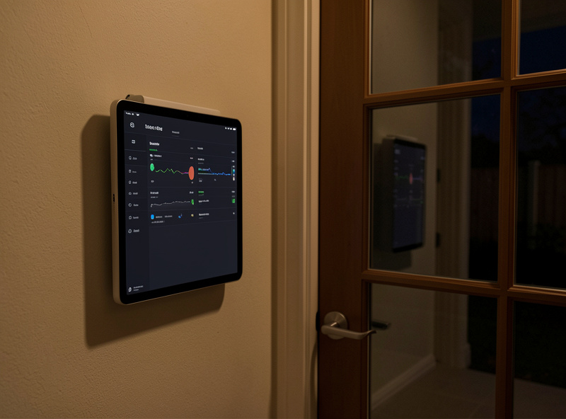 A wall-mounted tablet by a back door showing a clean coop monitoring dashboard at night