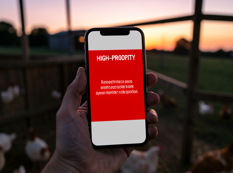 Smartphone showing a high-priority coop door-failed alert notification at dusk