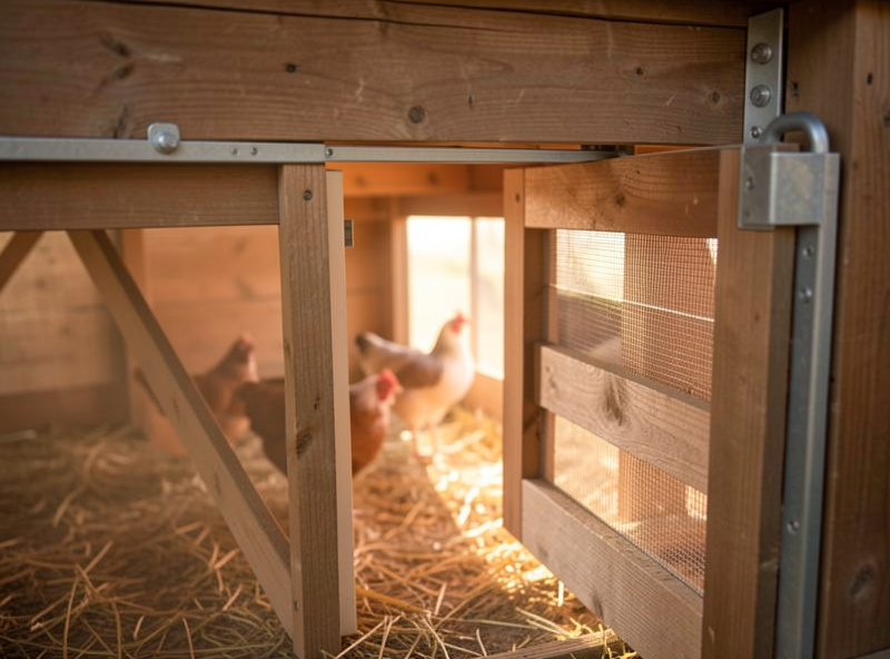 Automatic chicken coop pop door partway open at dawn with soft light entering the run