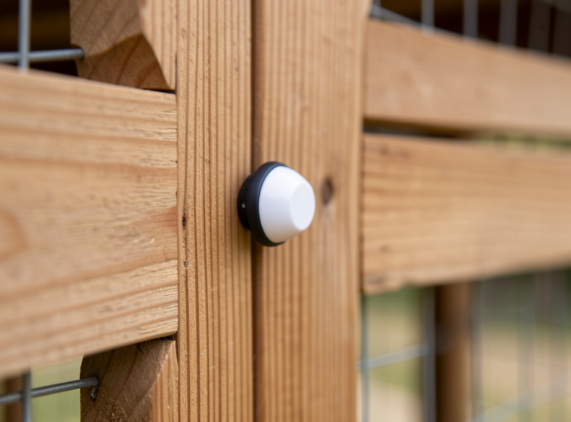 Small wireless contact sensor mounted on the frame of an automatic coop door to confirm closed position