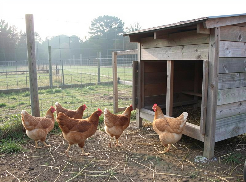 Chickens stepping out of a coop into a fenced run in early morning daylight
