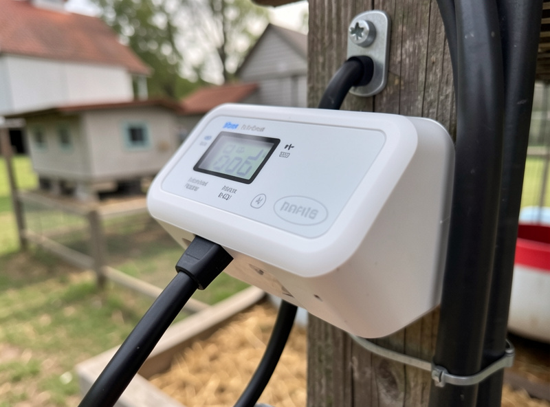 Power-monitoring smart plug with energy readout connected to a coop waterer cable