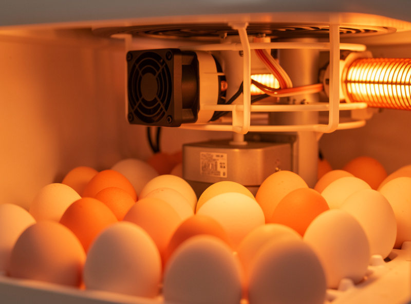 Chicken eggs resting in an automatic turning cradle inside an incubator