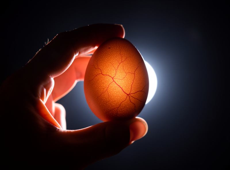 Candling a brown chicken egg showing developing blood vessels through the shell