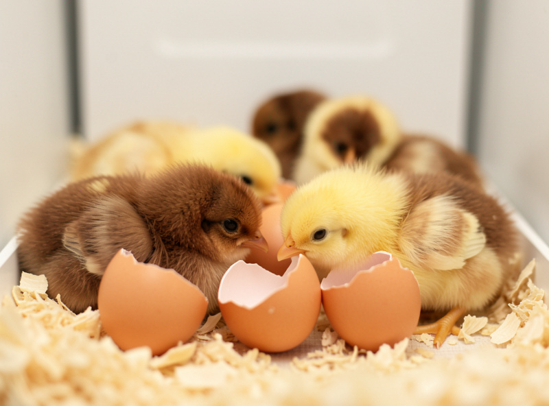 Newly hatched chicks resting beside eggshells inside a warm incubator
