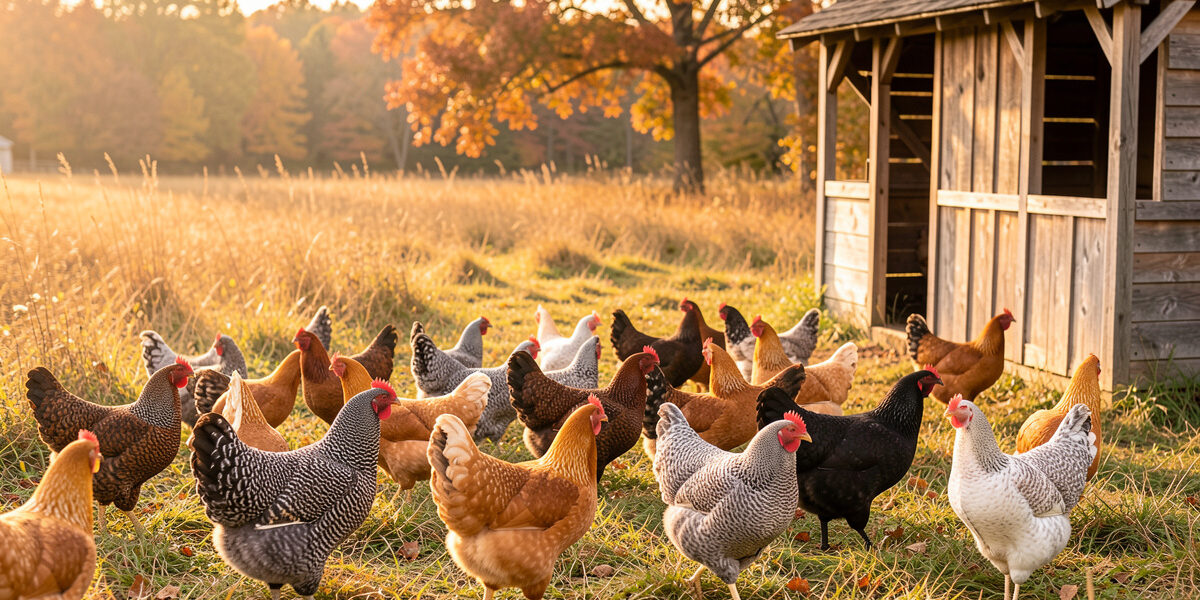 A mixed heritage flock of Plymouth Rock, Wyandotte and Dominique hens free-ranging on autumn pasture