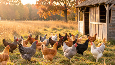 A mixed heritage flock of Plymouth Rock, Wyandotte and Dominique hens free-ranging on autumn pasture