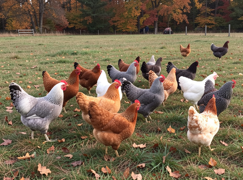 A mixed heritage flock of Plymouth Rock, Wyandotte and Dominique hens free-ranging on autumn pasture