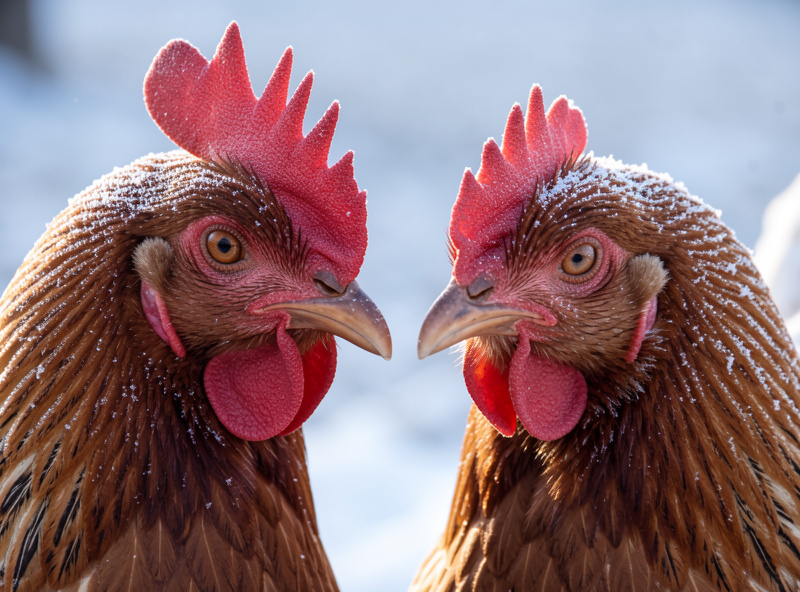Close-up comparison of a single comb and a tight cushion comb on two heritage hens in frost