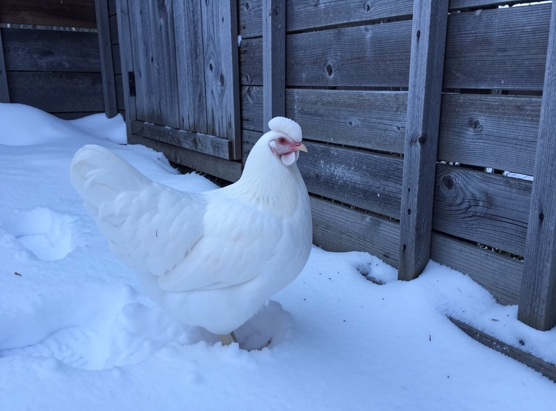 A Chantecler hen with its small cushion comb standing in light snow beside a wooden coop