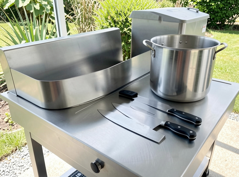 A clean organized outdoor poultry processing station with stainless steel surfaces and equipment
