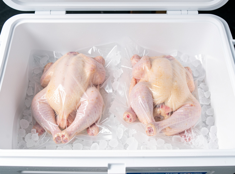 Vacuum-sealed whole chickens chilling on ice in a cooler ready for the freezer