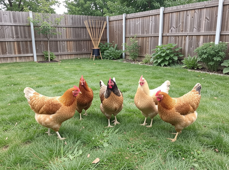 A small flock of five hens in a tidy backyard run sized appropriately for the group