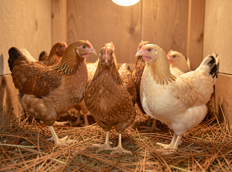 Young pullets of mixed breeds in a brooder, illustrating birds approaching laying age