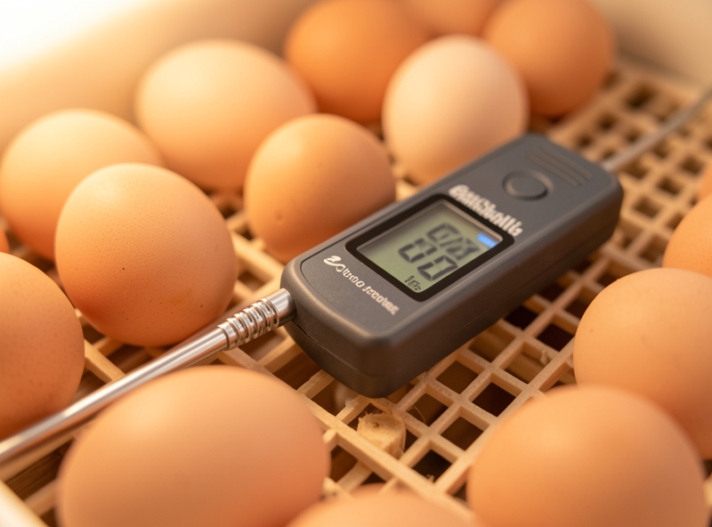 A reference thermometer placed at egg height inside a forced-air incubator for calibration