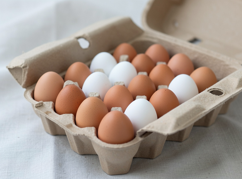 Clean fresh hatching eggs stored pointed-end down in a carton in a cool room