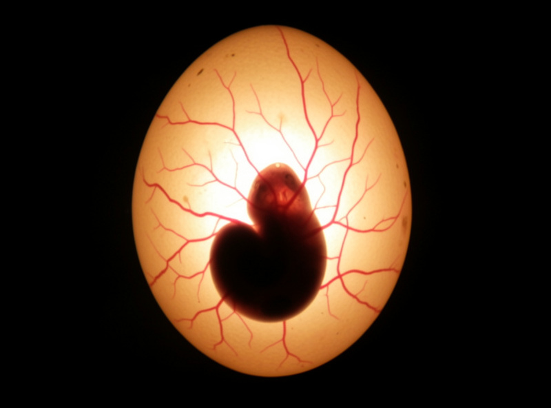 Candling a chicken egg at day seven showing a spider web of blood vessels and a dark embryo