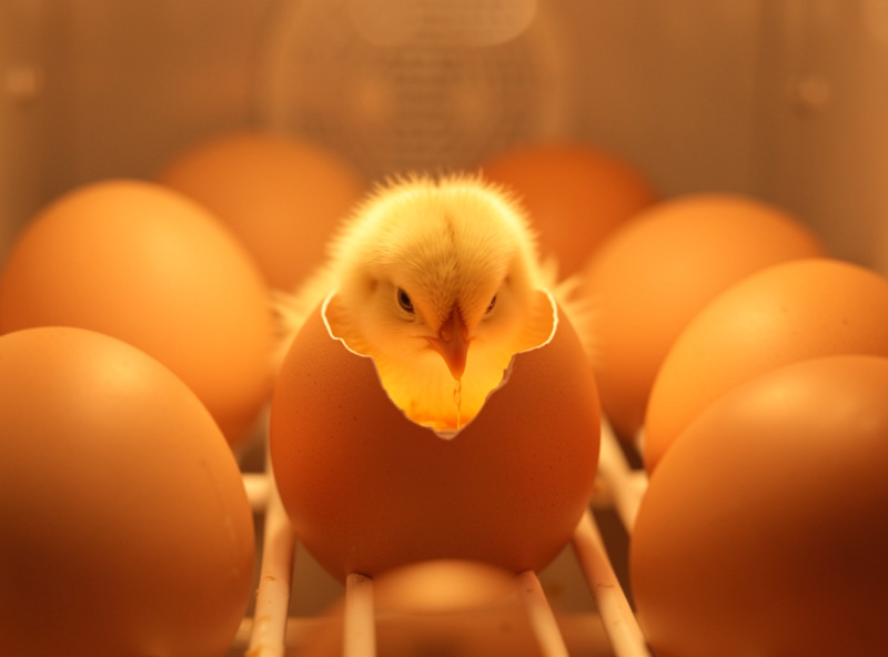 A chick pipping through its shell inside an incubator with other eggs nearby