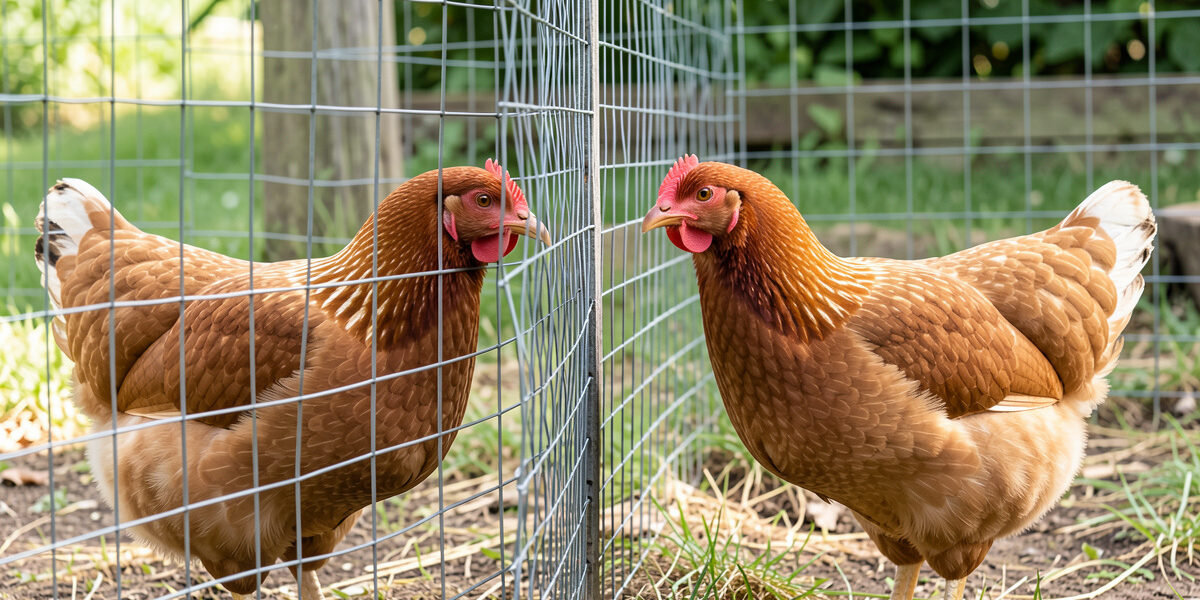 Resident and new hen meeting through a hardware cloth divider during introduction