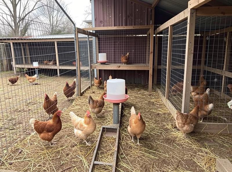 New chickens housed in a separate quarantine pen away from the main flock