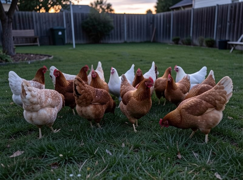 Mixed flock of resident and new hens free-ranging together on neutral ground at dusk