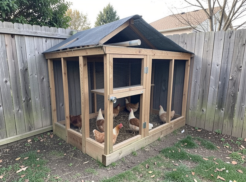 A compact chicken coop and covered run fitted neatly into the corner of a small fenced backyard