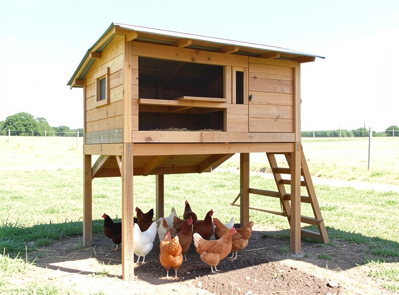 A raised chicken coop on legs with the covered run tucked underneath to save ground space