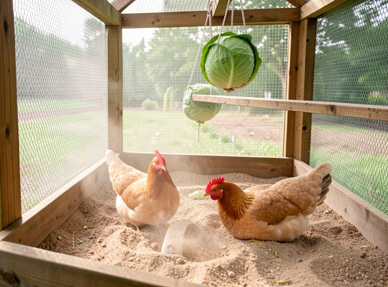 Hens dust bathing in a sand box inside a covered run with a hanging vegetable for enrichment