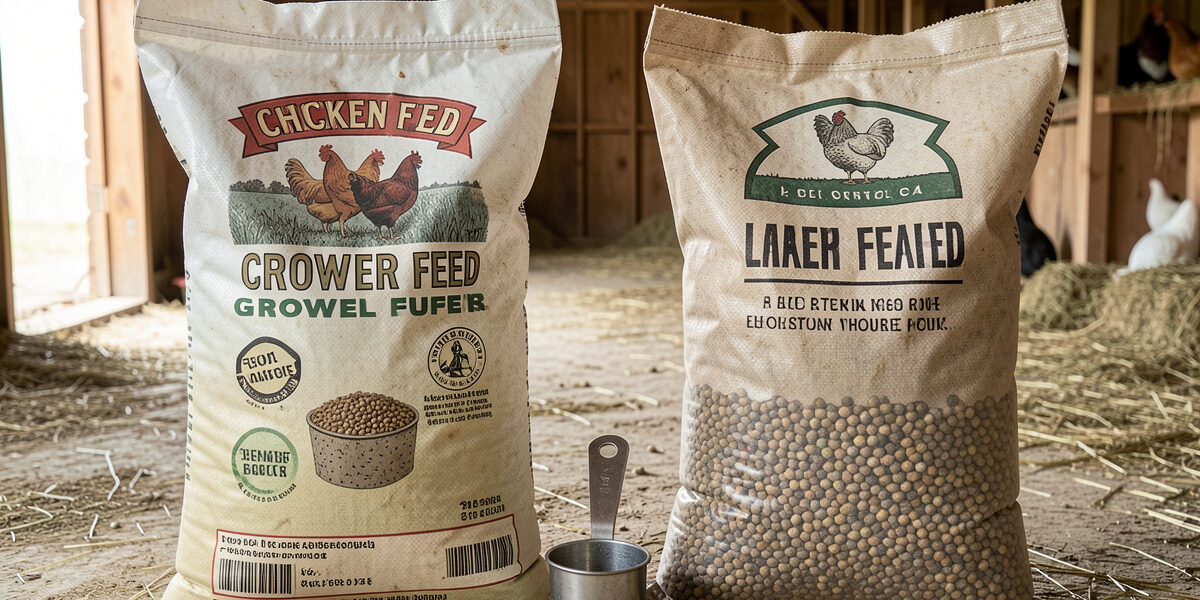 Layer feed and grower feed side by side showing the calcium difference for chickens