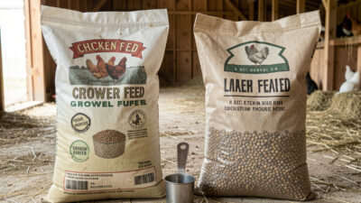Layer feed and grower feed side by side showing the calcium difference for chickens