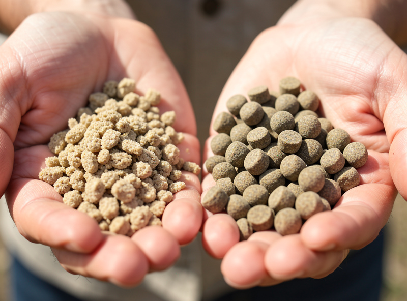 Two feed bags side by side, grower feed crumble and layer feed pellets, with a measuring scoop