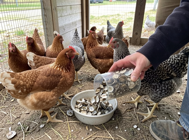 A keeper offering oyster shell from a separate dish to a mixed-age backyard flock