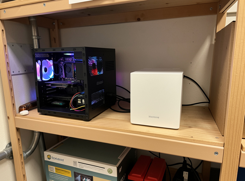 Small Home Assistant server box and UPS battery backup on a shelf in a utility room