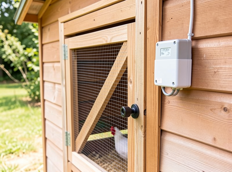 Automatic coop door with a small backup battery pack mounted beside it on the coop wall