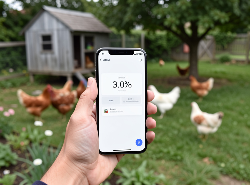 Hand holding a phone showing a coop status app while standing in a garden away from the coop