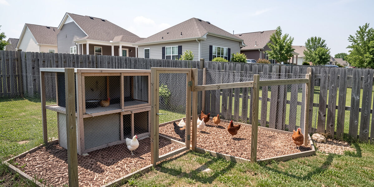 A tidy backyard chicken coop and run beside a suburban fence line