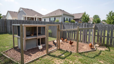 A tidy backyard chicken coop and run beside a suburban fence line