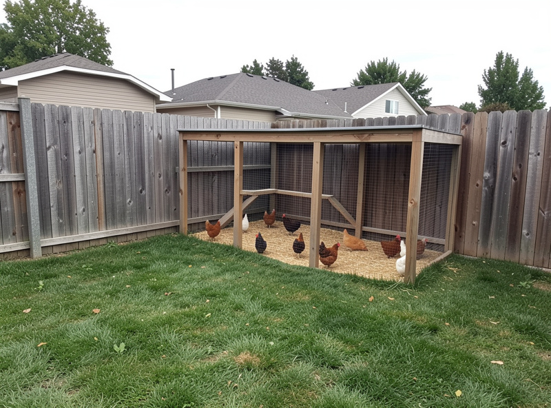 A backyard chicken run beside a suburban fence line representing zoning considerations