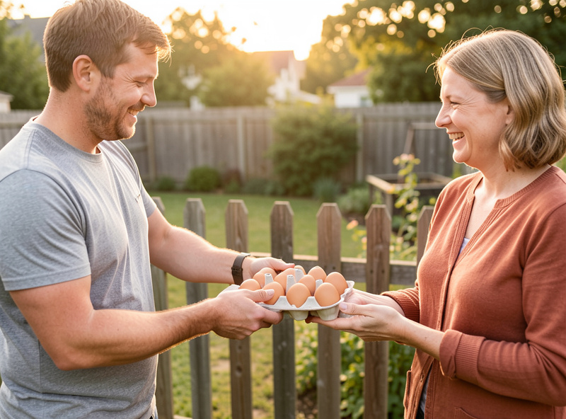 A keeper handing a carton of fresh eggs over a backyard fence to a smiling neighbor